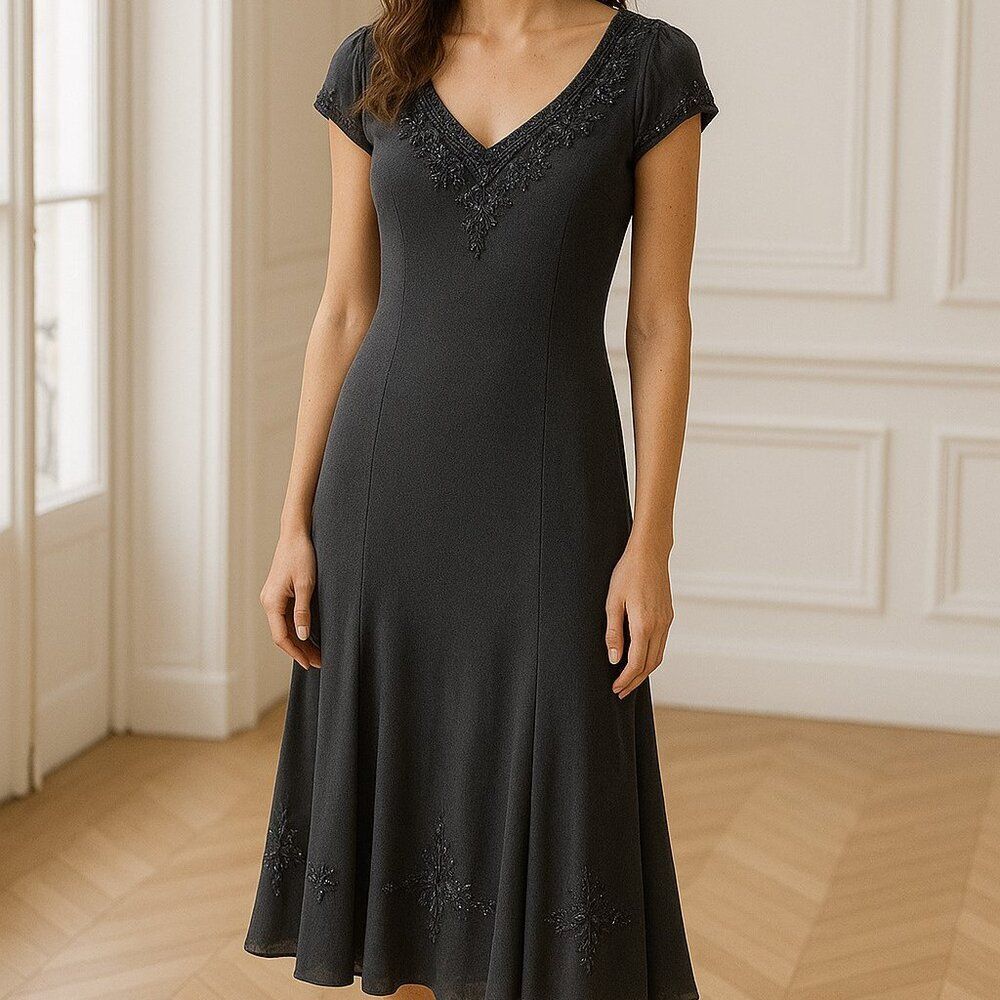 J Kara Gray Intricate Beaded Handkerchief Hem Midi Dress Women’s Size 6 - Formal